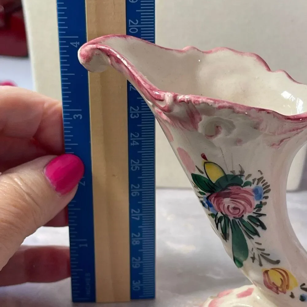 Vintage Italian ceramic cornucopia vase applied flowers hand painted.